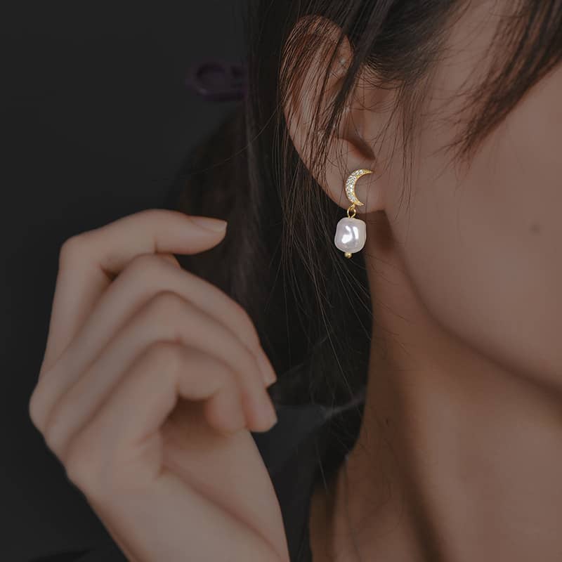 CZ Star Moon Baroque Pearl Drop Earrings - Silver or Gold - Image 4