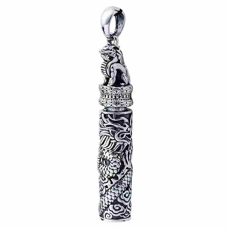 Retro Ghau (ga'u) Engraved Dragon Prayer Box Pendant Necklace - Image 4